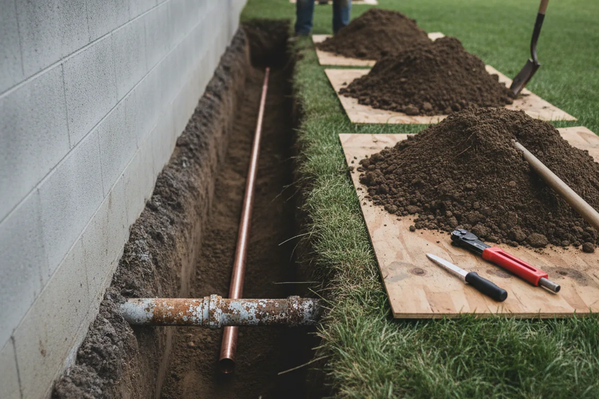 Excavated water line trench during Water Softener Installation in Somersworth